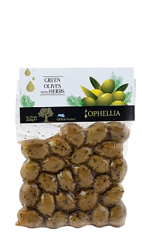Оливки зеленые с травами Ophellia 250г, вакуумный пакет